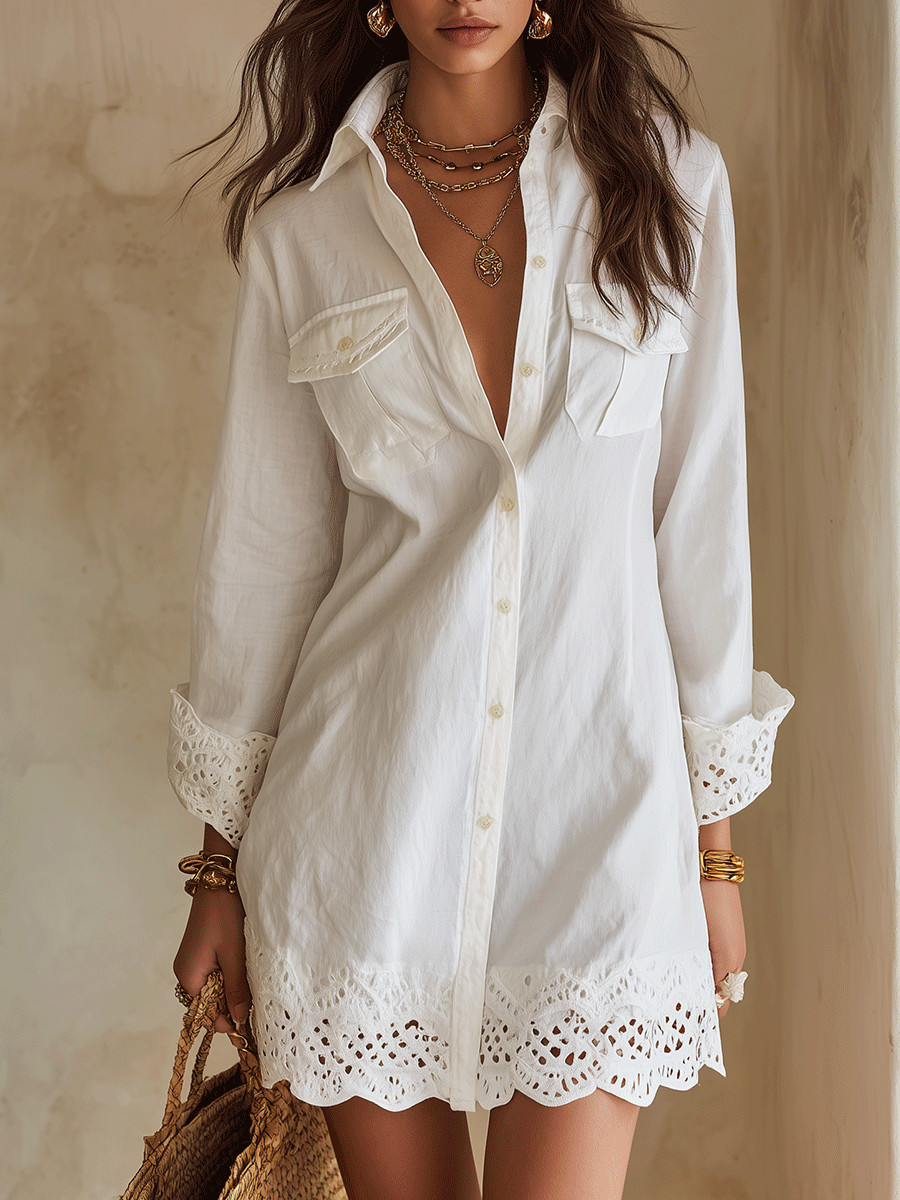 Jessica embroidered short shirt dress in white, front view