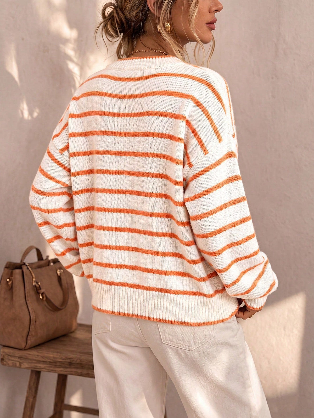 Chelsea striped button cardigan in white and orange, back view