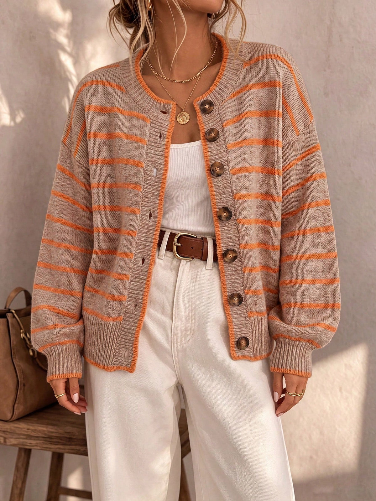 Chelsea striped button cardigan in beige and orange, front view