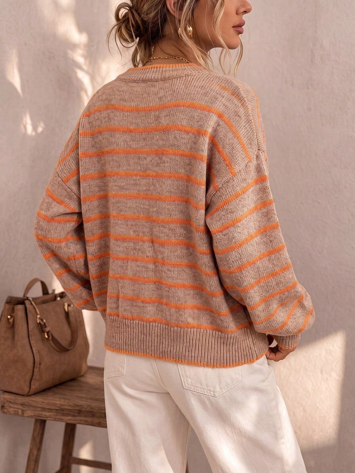 Chelsea striped button cardigan in beige and orange, back view