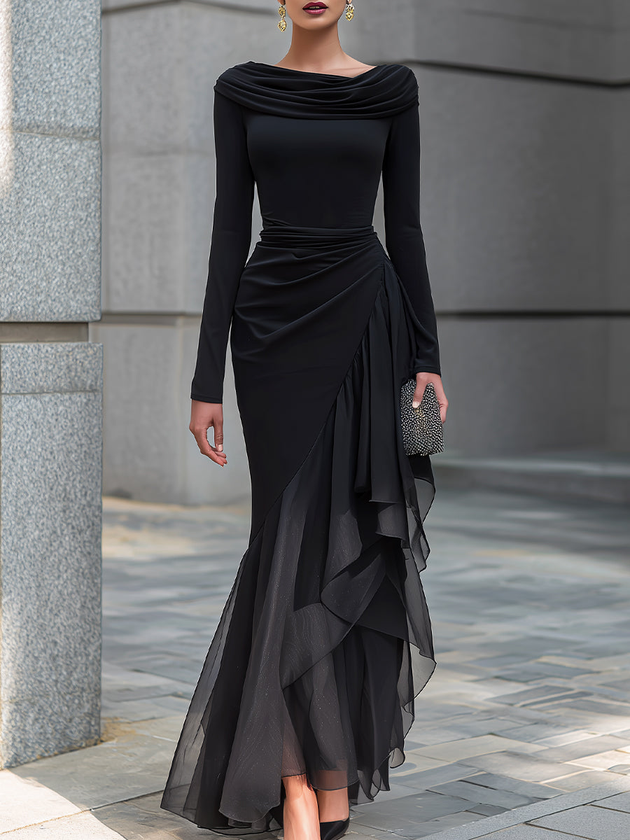 Elodea draped neckline mermaid maxi dress in black, front view