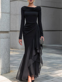 ELODEA | DRAPED NECKLINE MERMAID MAXI DRESS WITH CHIFFON RUFFLES