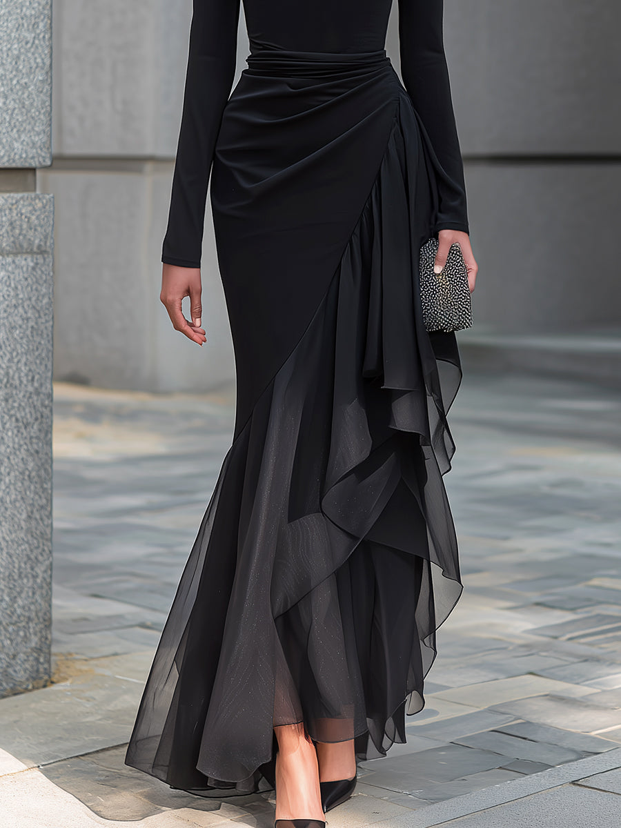 Elodea draped neckline mermaid maxi dress in black, chiffon ruffle skirt detail