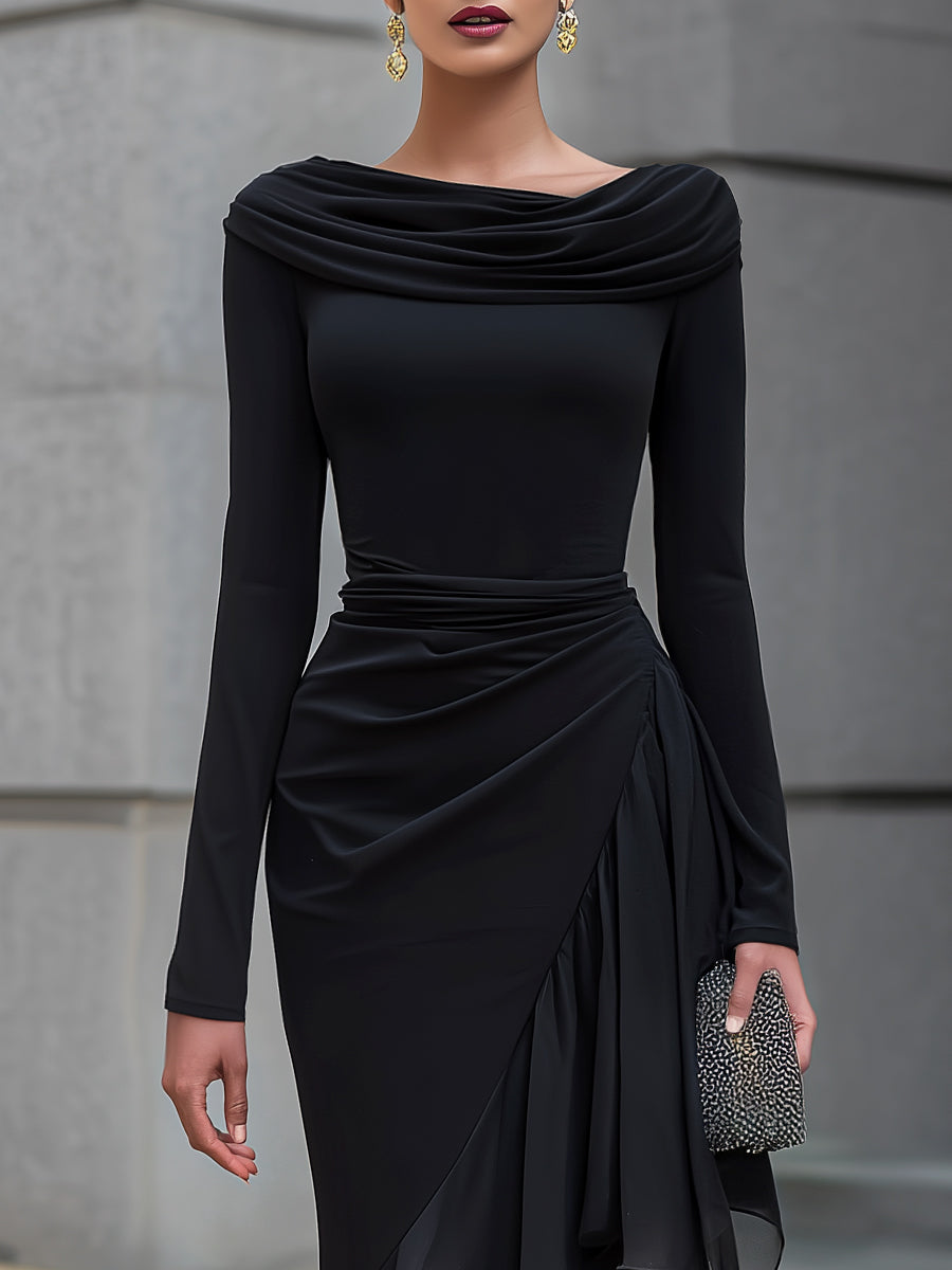 Elodea draped neckline mermaid maxi dress in black, neckline close-up