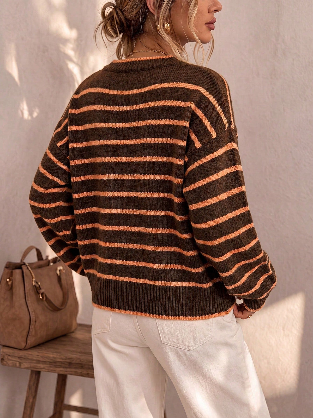 Chelsea striped button cardigan in brown and orange, back view