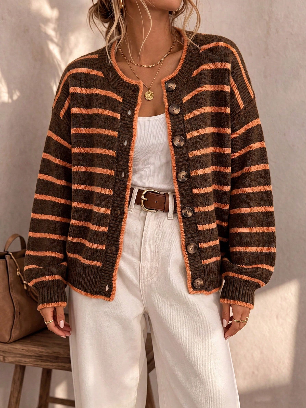 Chelsea striped button cardigan in brown and orange, front view