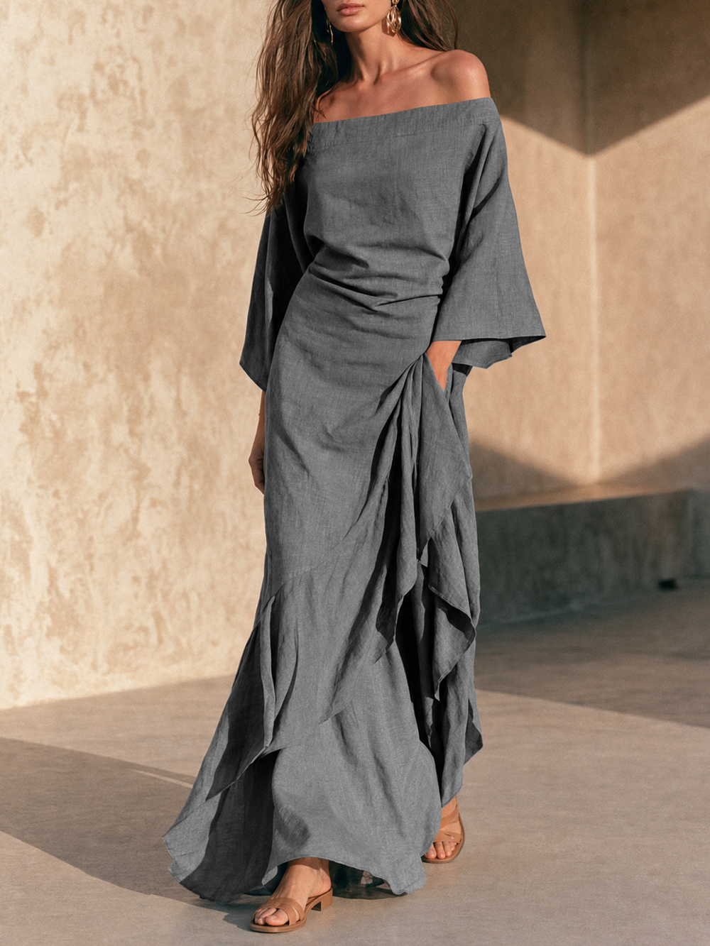 April off-shoulder ruffle hem maxi dress front view