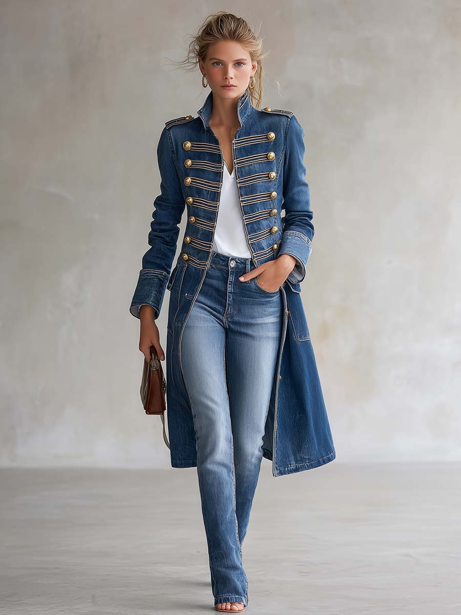Elsbeth long military-style denim-look coat in blue, full-length walking view