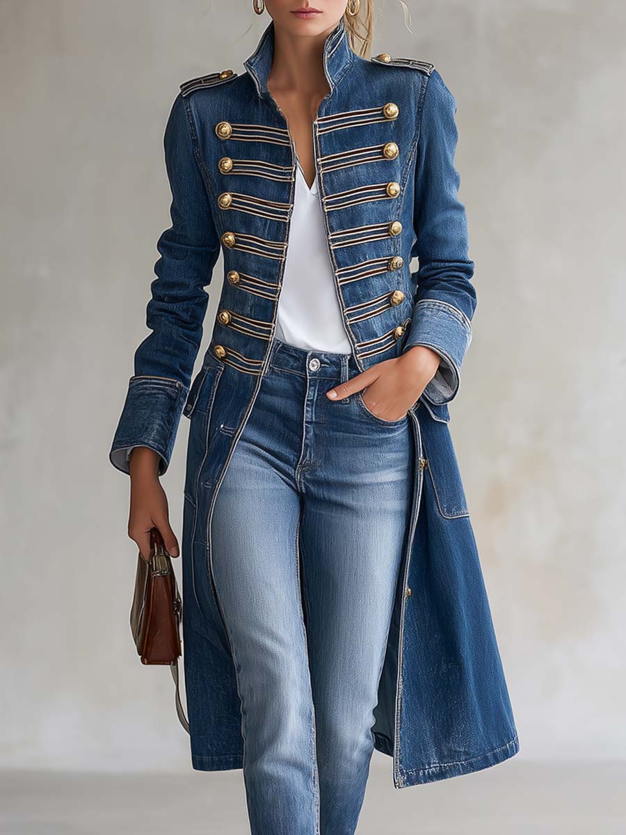 Elsbeth long military-style denim-look coat in blue, front view with jeans