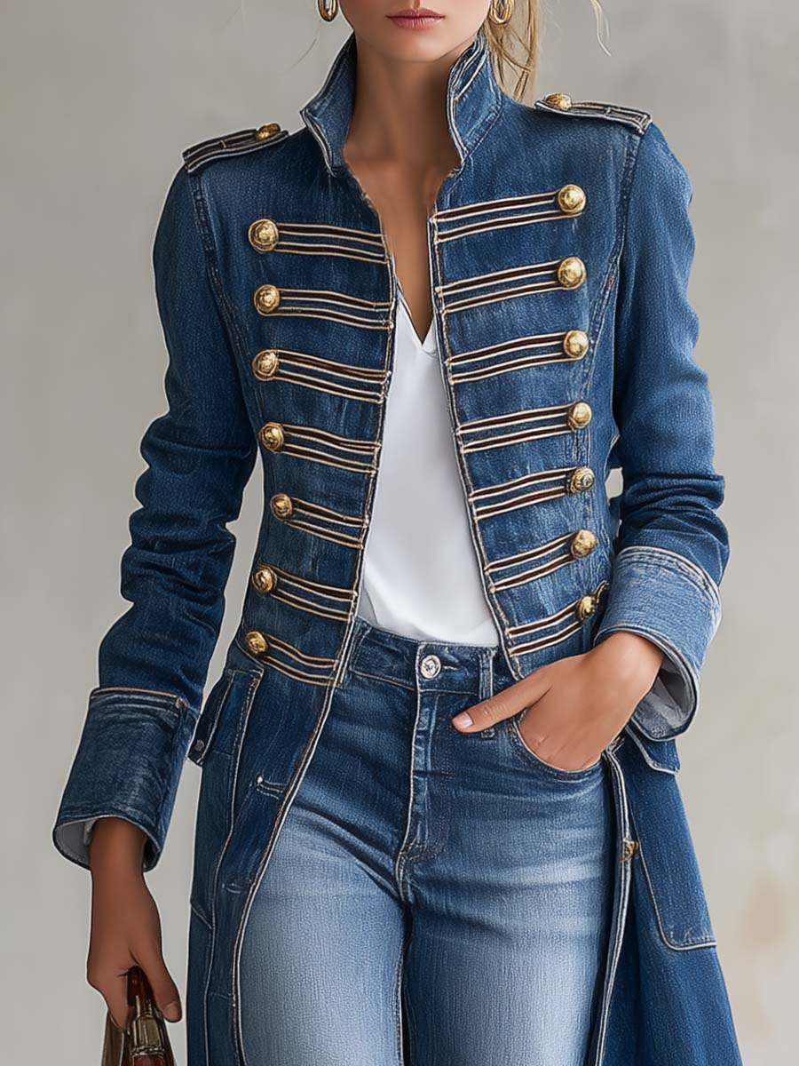 Elsbeth denim-look coat, close-up of stand collar and gold buttons