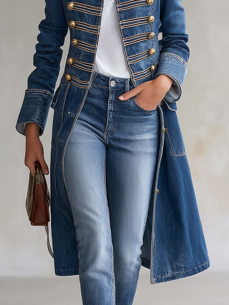 Elsbeth denim-look coat, detail of patch pocket and turned-back cuff