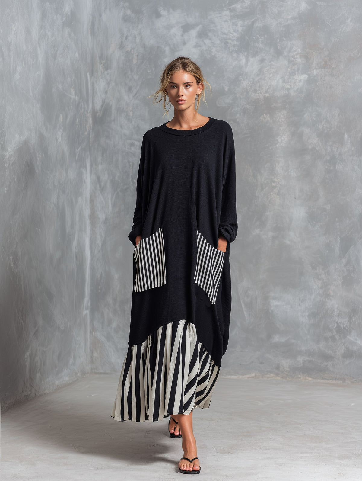 Celandine oversized stripe patchwork maxi dress in black, front view walking