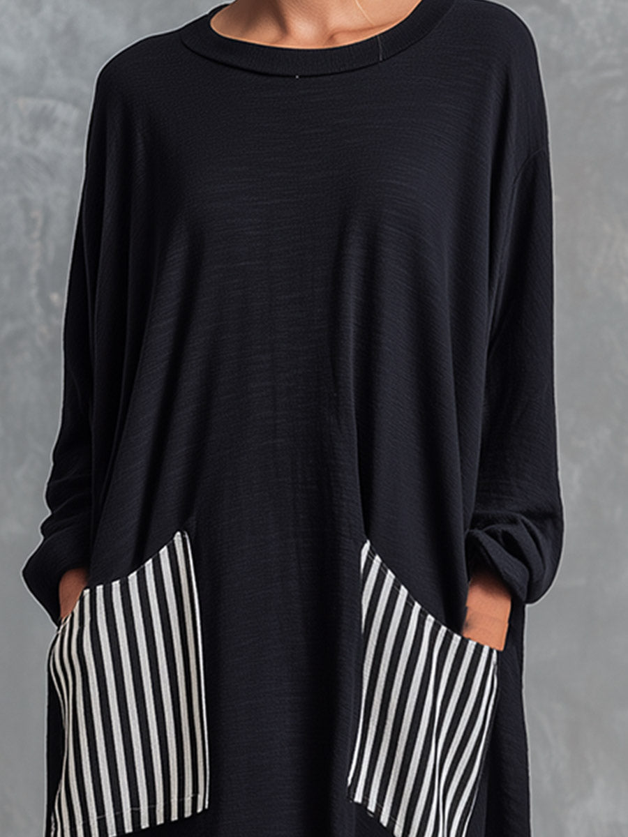 Celandine oversized stripe patchwork maxi dress in black, pocket detail