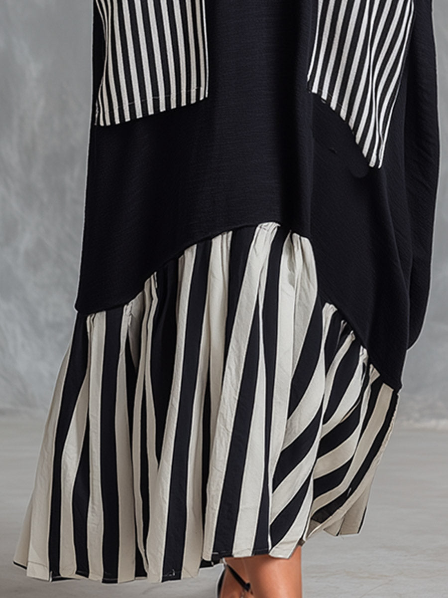 Celandine oversized stripe patchwork maxi dress in black, striped hem detail