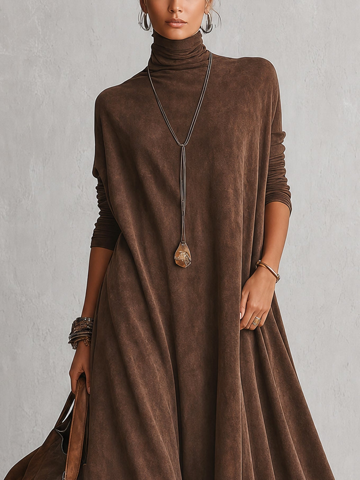 Lilibet lace hem maxi dress in brown, close-up of high neck