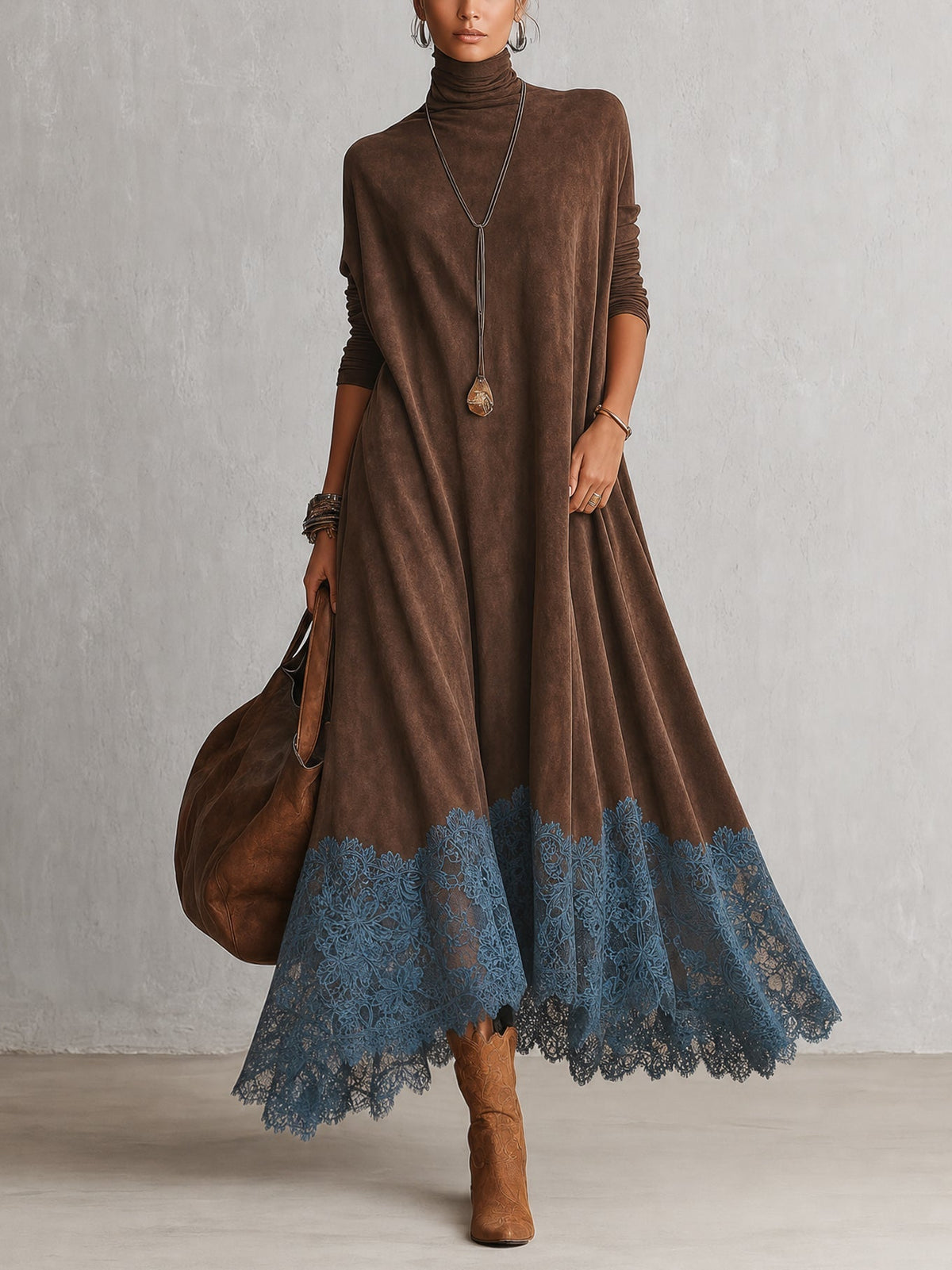 Lilibet lace hem maxi dress in brown, front view