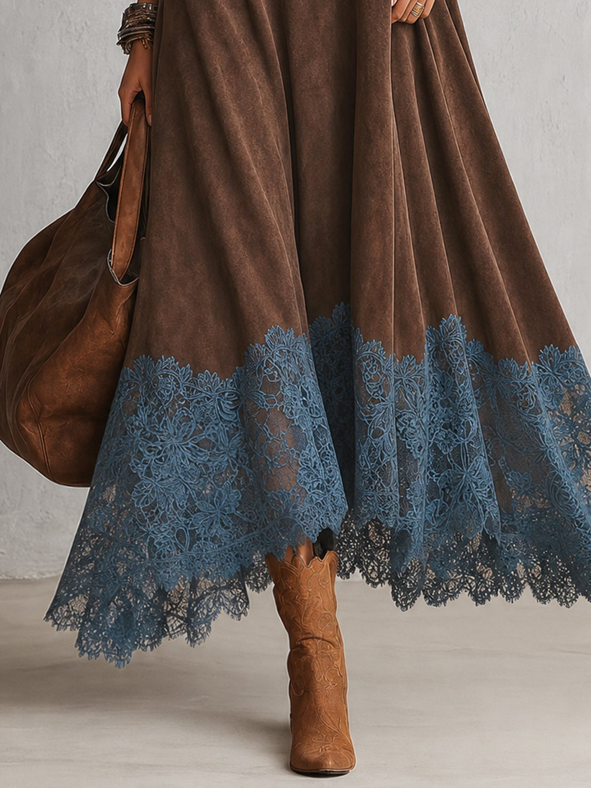 Lilibet lace hem maxi dress in brown, close-up of lace hem