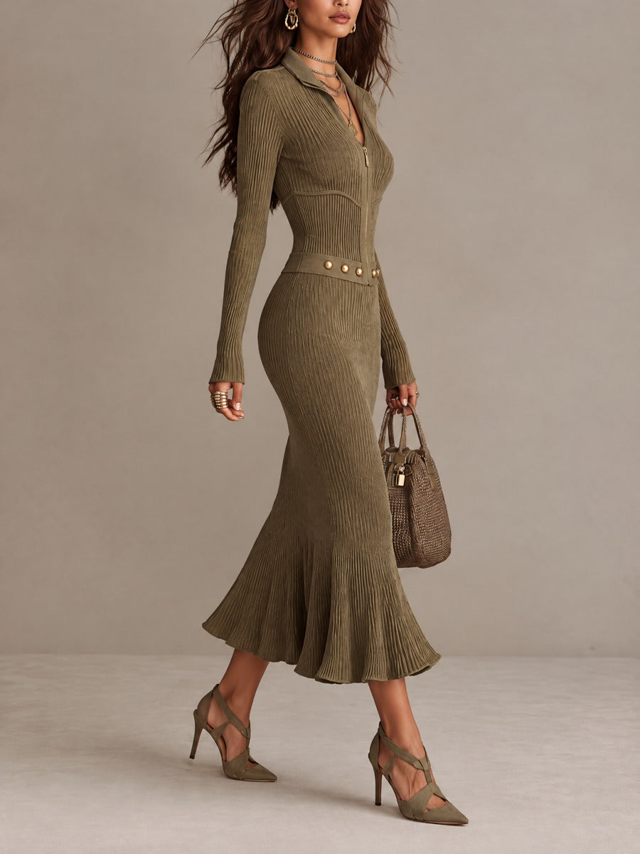 Roxana ribbed knit mermaid midi dress in olive green, side view