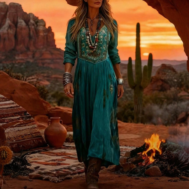 Evelyn bohemian maxi dress in teal, full-length view at sunset