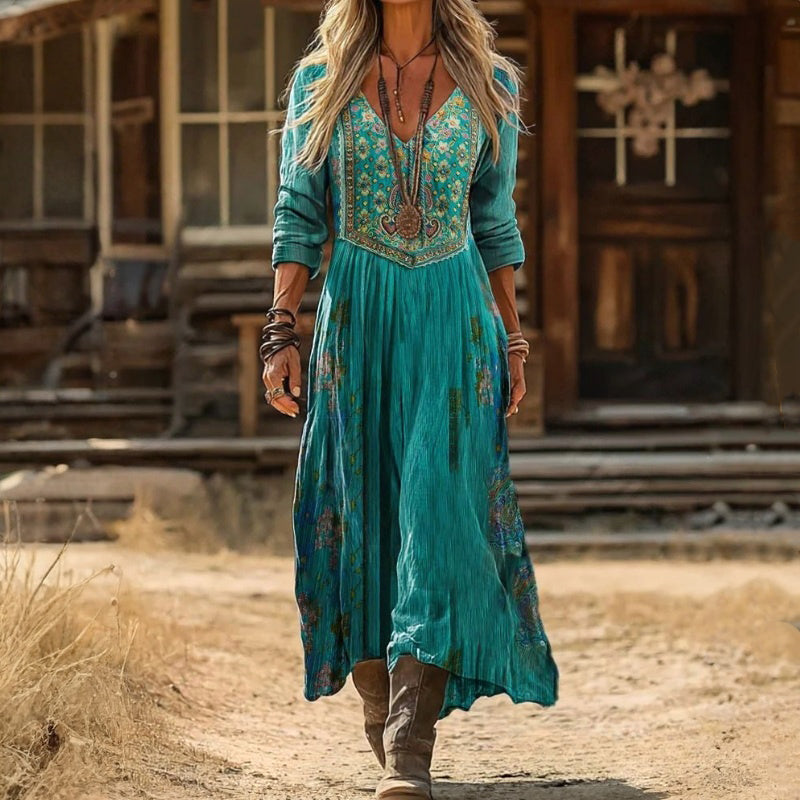 Evelyn bohemian maxi dress in teal, full-length front view with detailed bodice