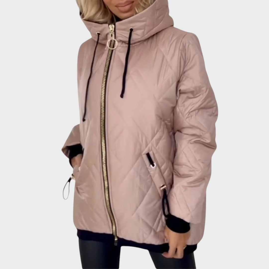Esther diamond-quilted hooded jacket in pink, three-quarter front view