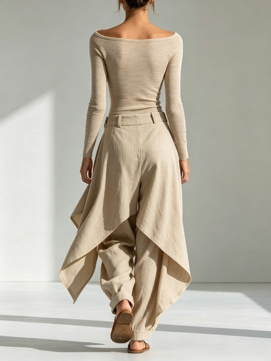 Delphine | Beige Boat-Neck Top & Wide-Leg Ruffle Trousers Set