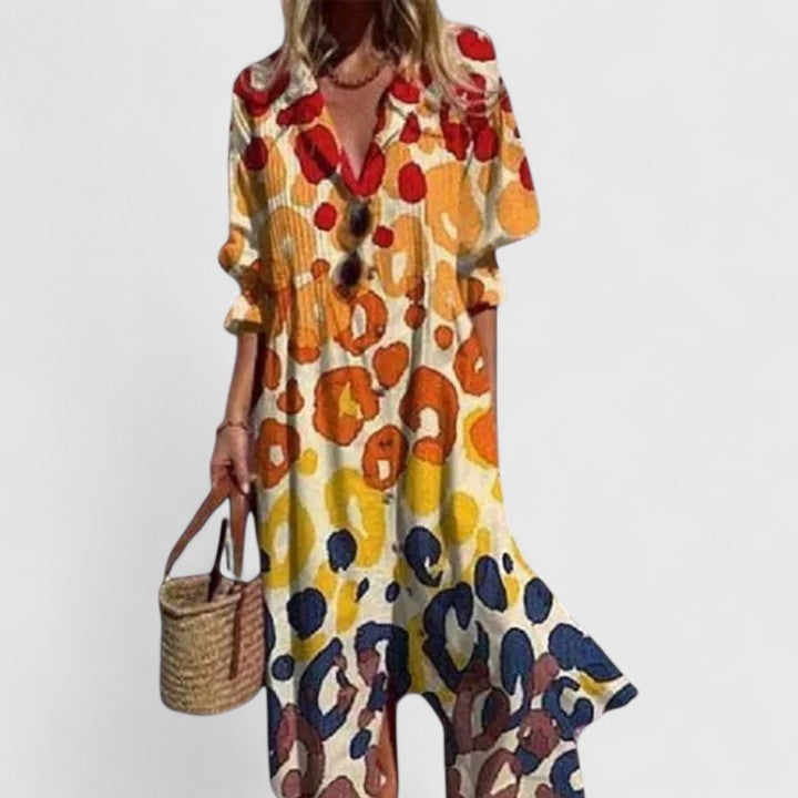 Vanessa long printed shirt dress in yellow and orange spot print, front view