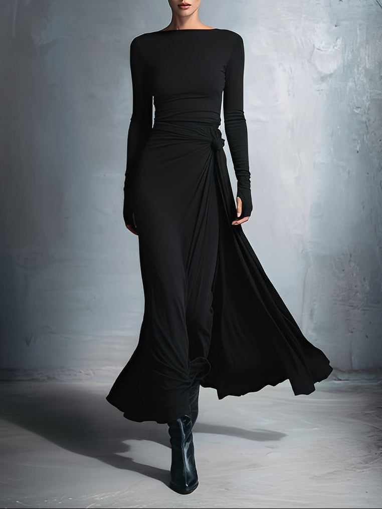 Posy side-knot maxi dress in black, full-length front view