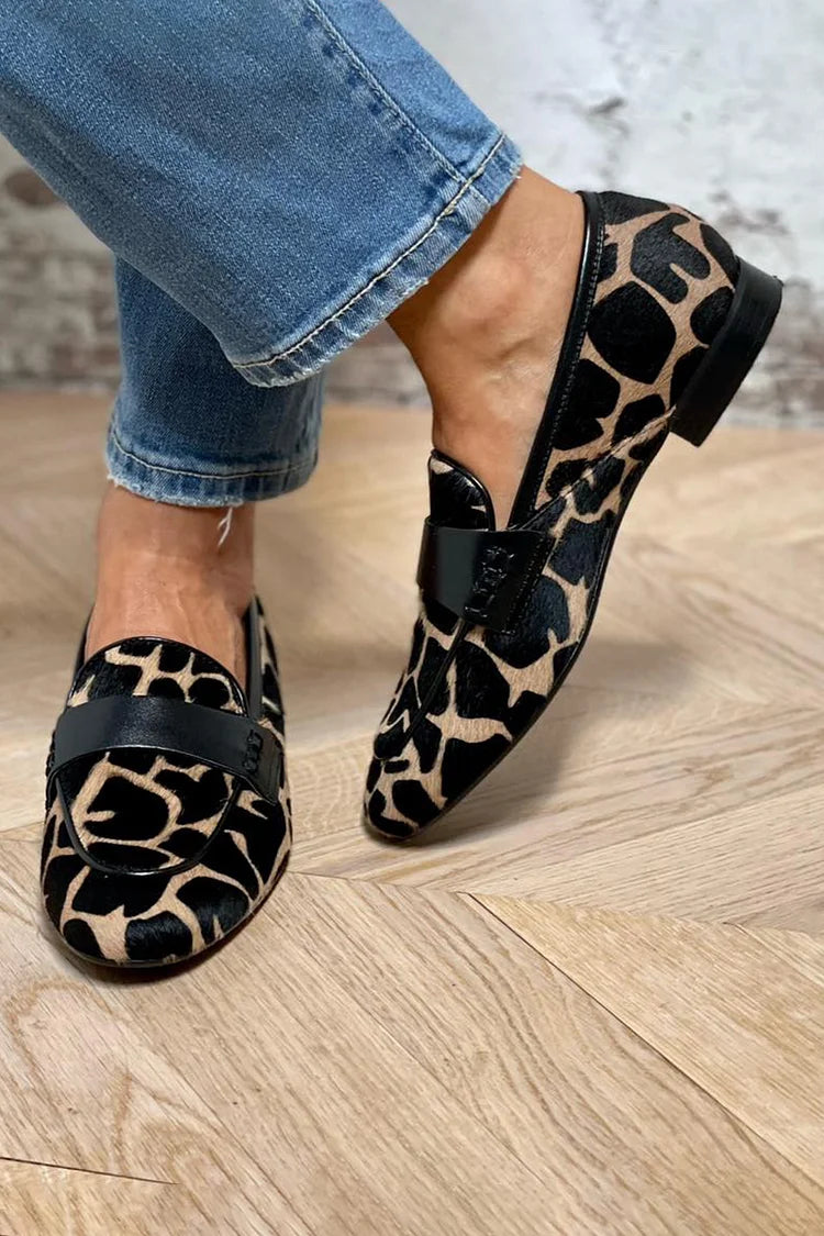 Cow Print Colour-Block Round-Toe Slip-On Loafers
