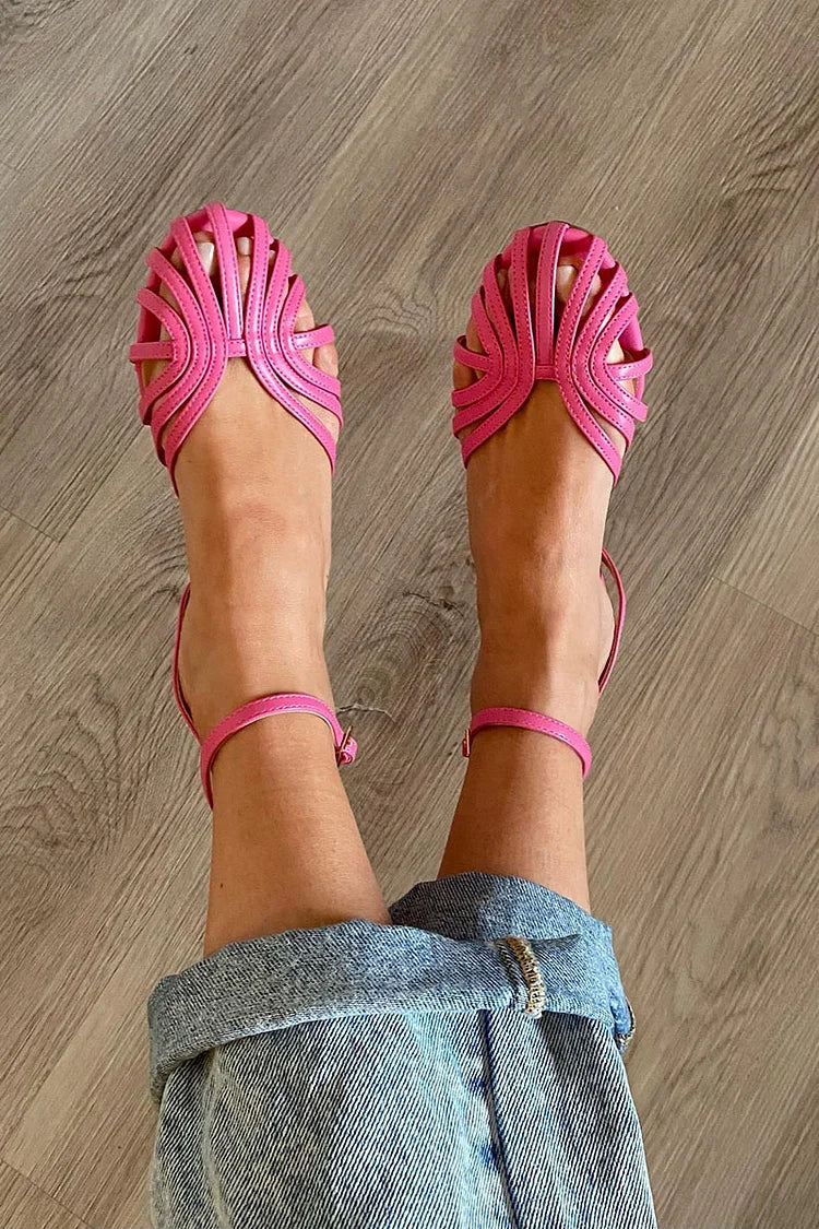 Round-Toe Cut-Out Ballet Flats with Ankle Strap