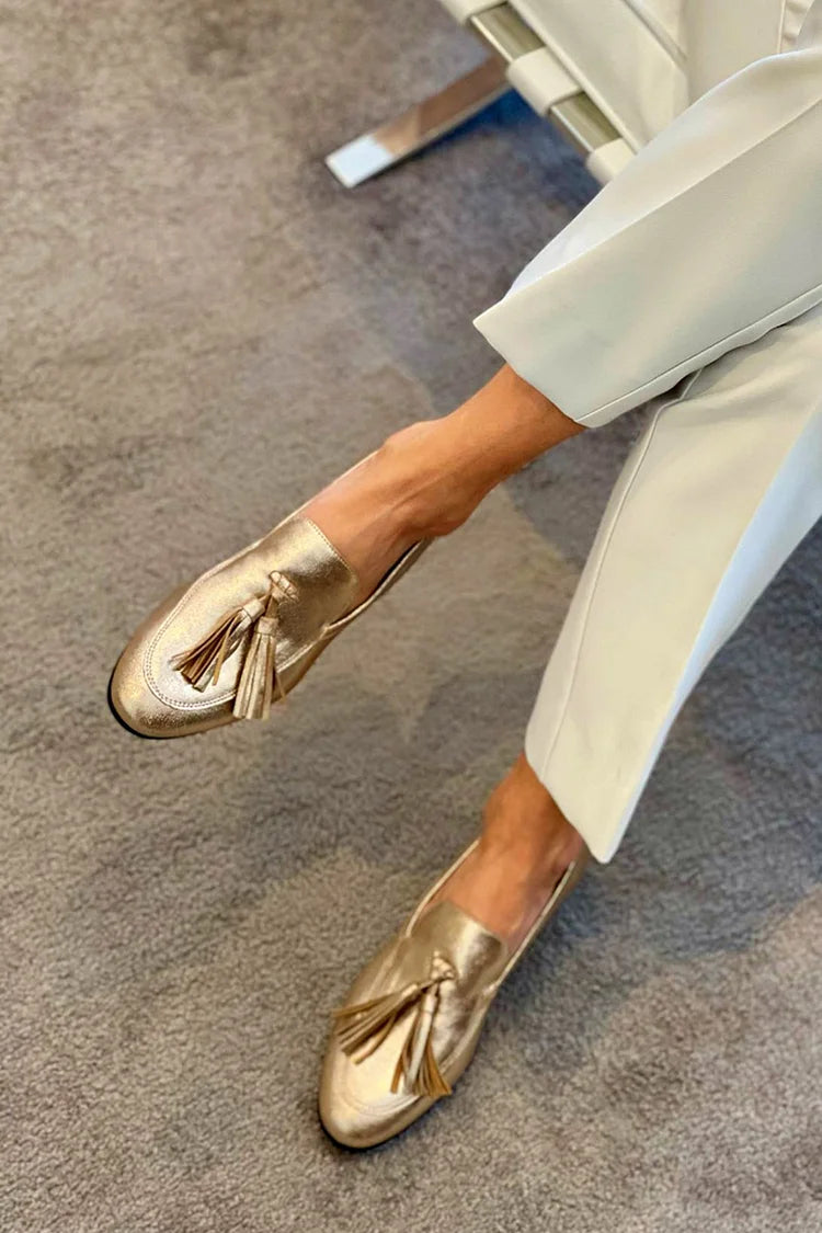 Gold Metallic Glossy Loafers with Visible Stitching