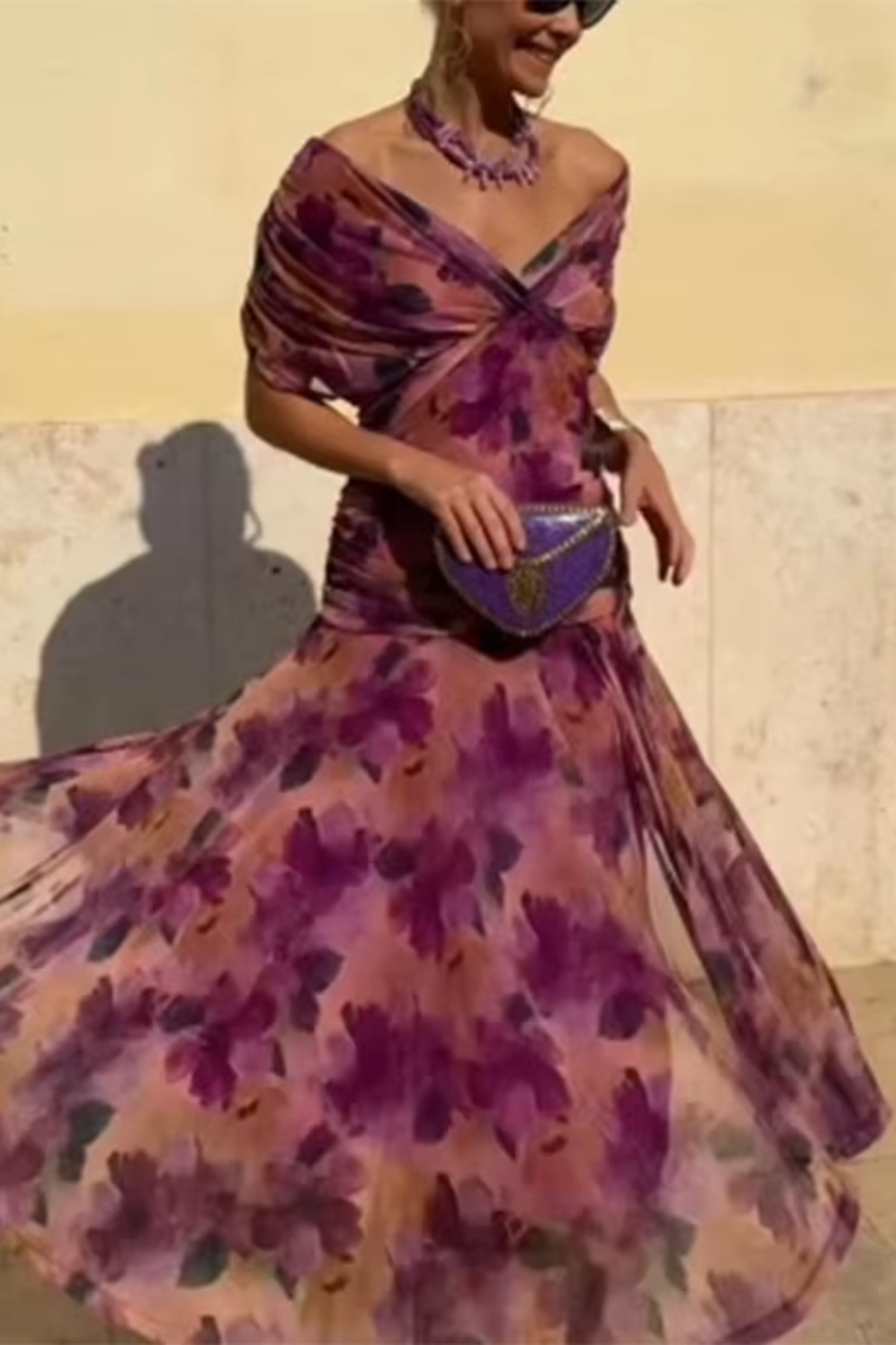 Eloísa long floral chiffon dress in lilac, swirling skirt in motion