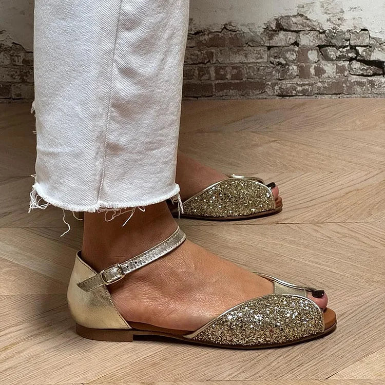 Gold Glitter Patchwork Peep-Toe Sandals with Ankle Strap and Buckle