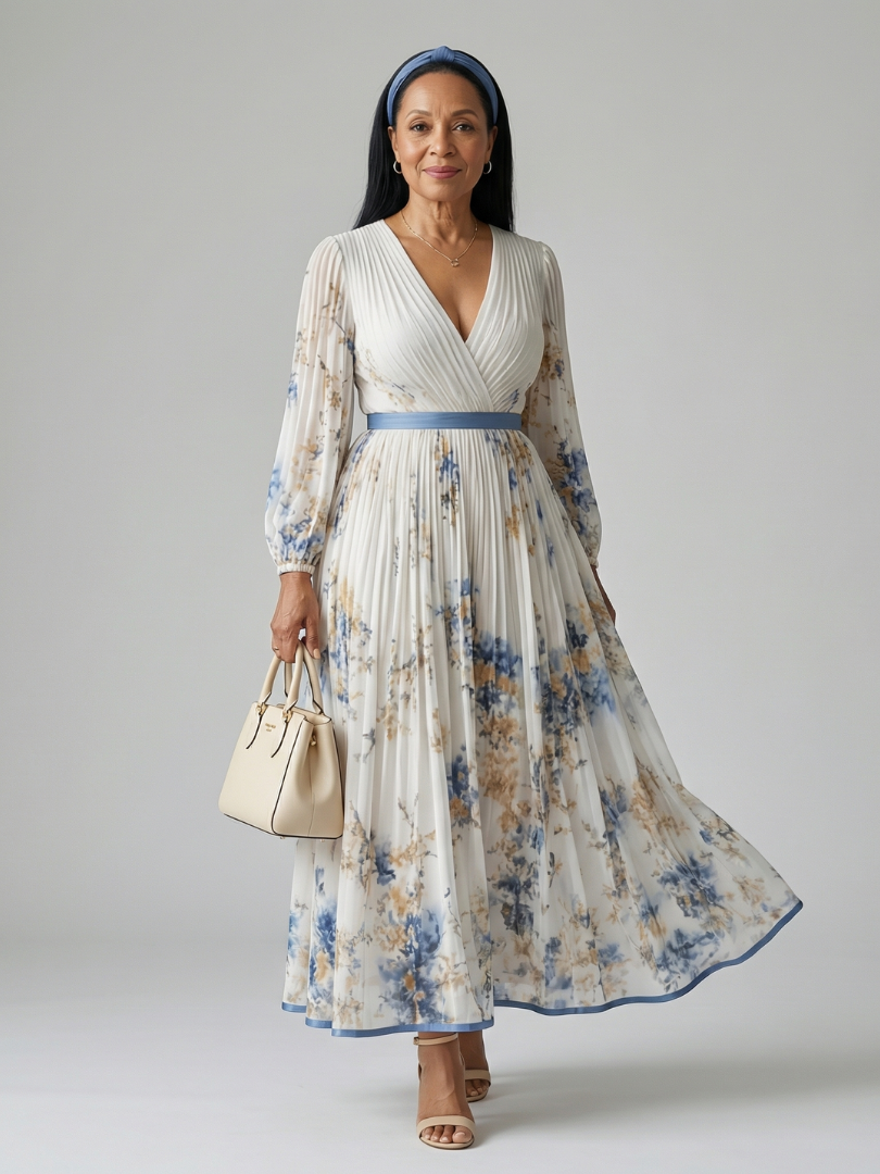 Rhiannon pleated floral wrap midi dress in white with blue print, full-length front view