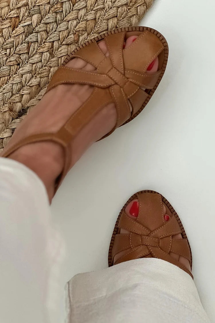 Brown Woven Cut-Out Block Heels with T-Bar Strap and Buckle