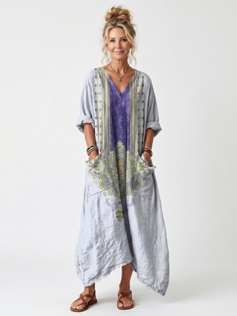 RAINA | CONTRAST PANEL EMBROIDERED OVERSIZED POCKET MIDI DRESS