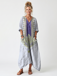 RAINA | CONTRAST PANEL EMBROIDERED OVERSIZED POCKET MIDI DRESS