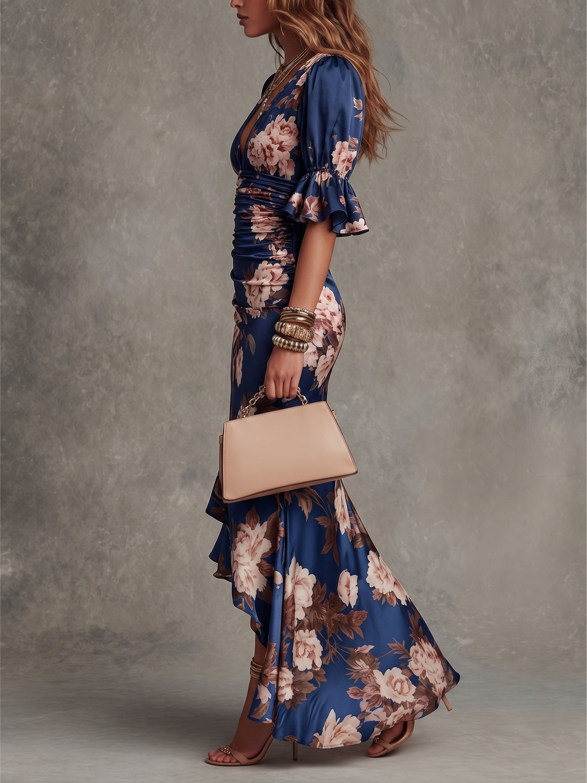 Lorelei asymmetric floral ruffle maxi dress, view 3