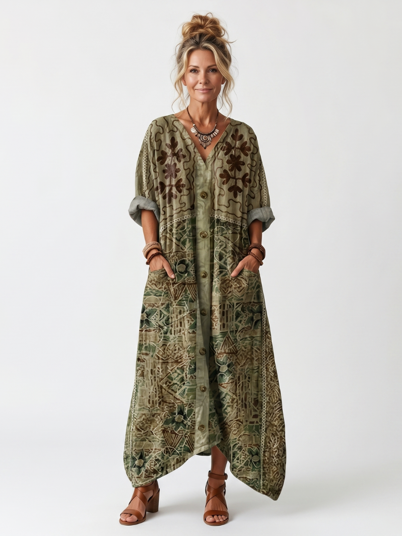 ALETA | BUTTON FRONT EMBROIDERED OVERSIZED POCKET MIDI DRESS