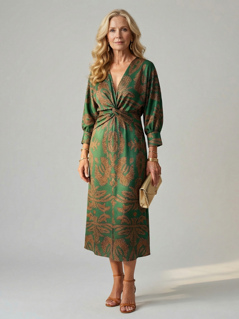 Hazel twist-front printed midi dress in dark green, full-length front view