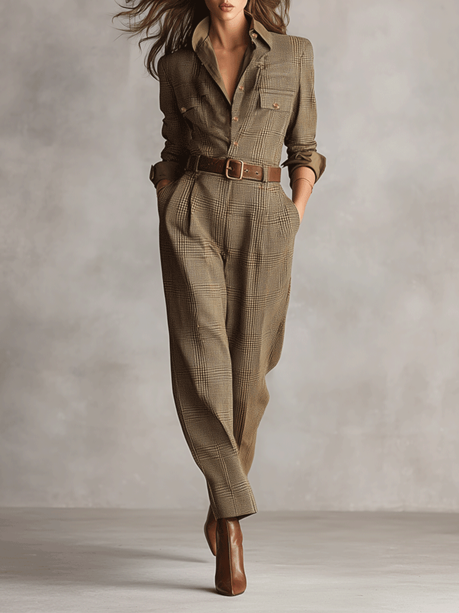 Nessa check utility jumpsuit in brown, front view