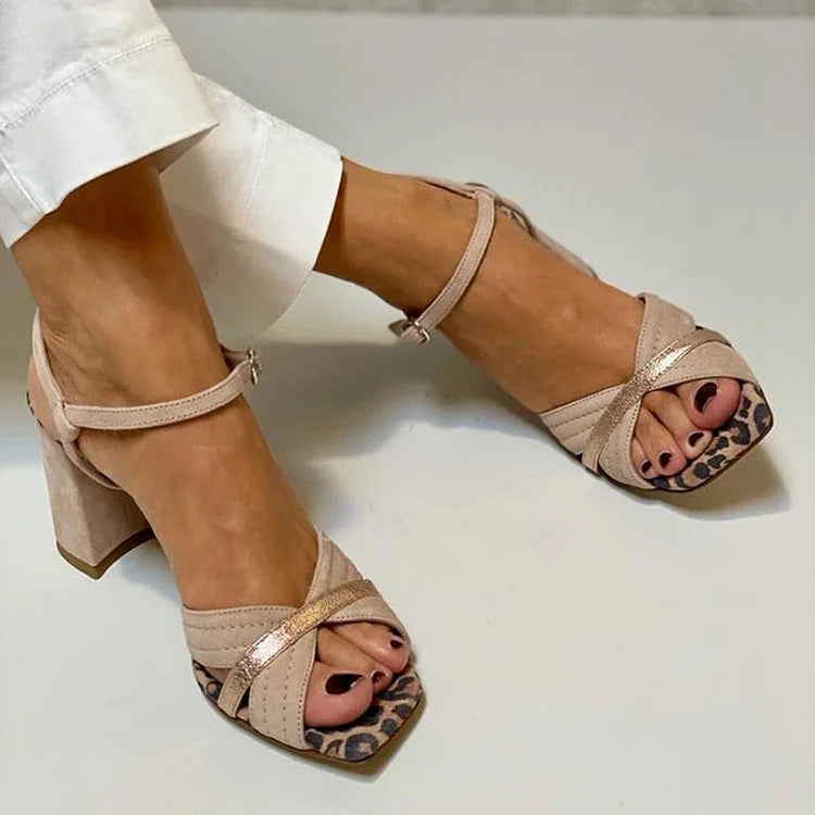 Khaki Leopard Print Patchwork Peep-Toe Block Heels