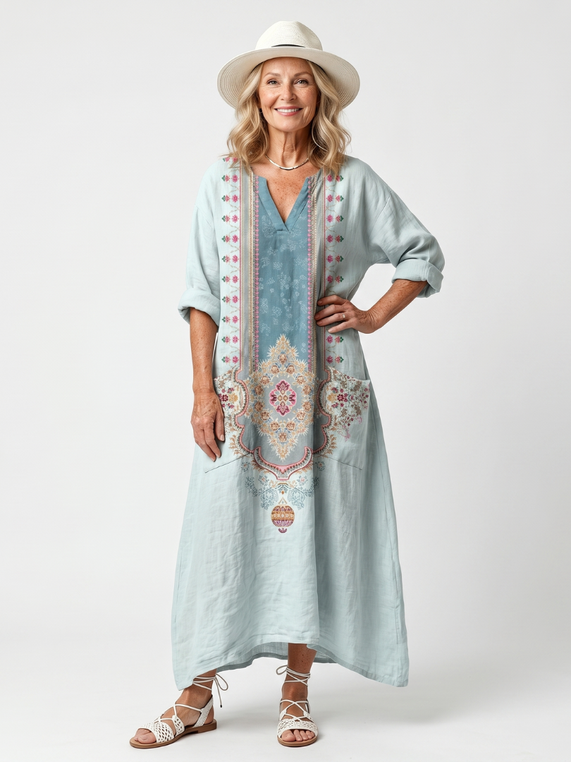 KASSIANI | ORNATE PANEL EMBROIDERED OVERSIZED POCKET MIDI DRESS