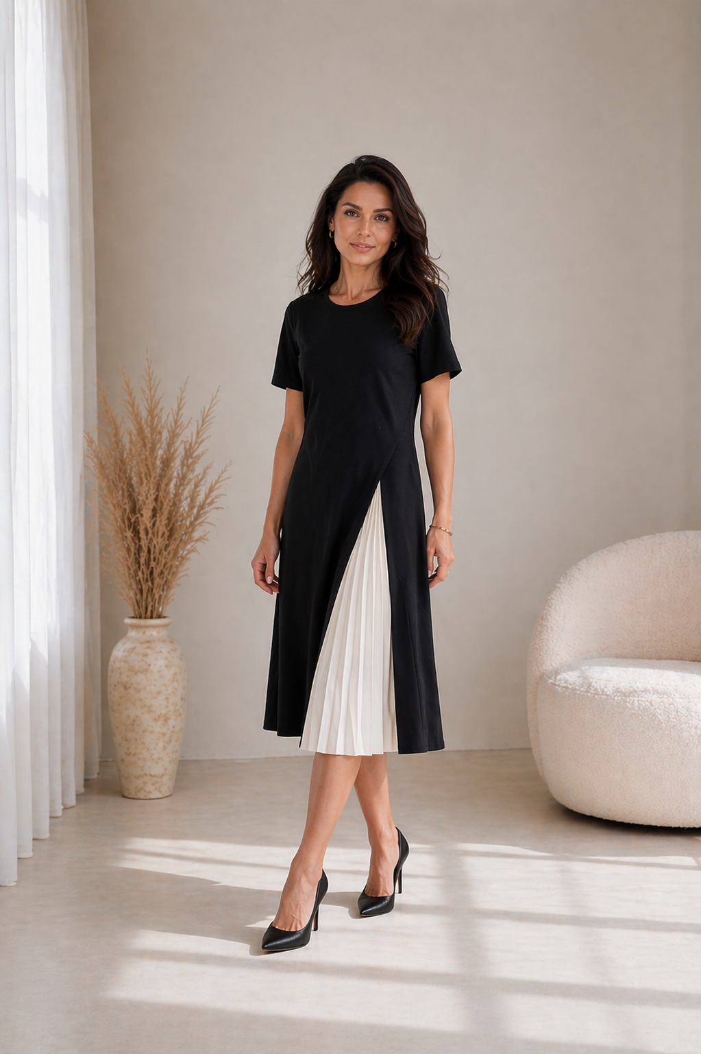 LIORA™ | Pleated Panel Midi Dress