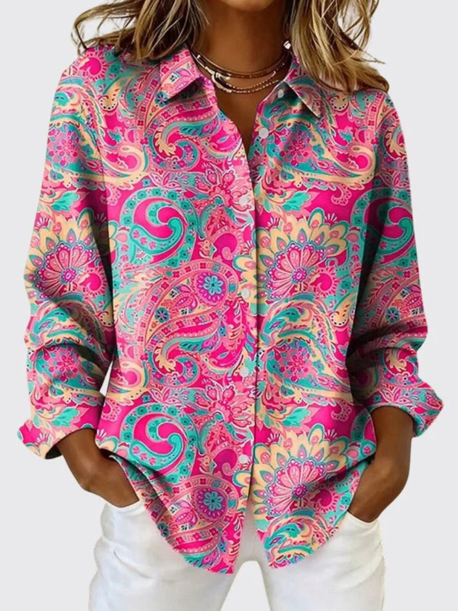 Katarina paisley print button-up blouse in pink, front view