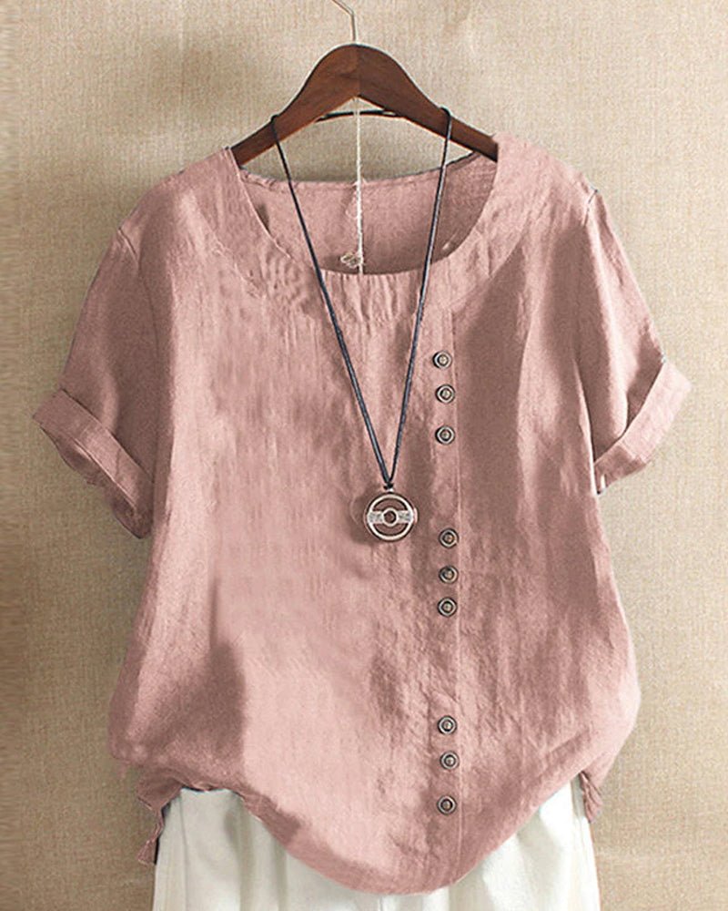 Miranda linen-look button-detail T-shirt in light pink, front view on hanger