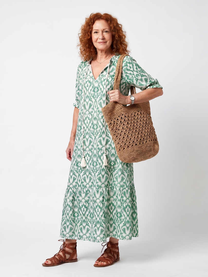 ILARA | PATTERN V NECK TASSEL MIDI DRESS
