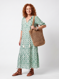 ILARA | PATTERN V NECK TASSEL MIDI DRESS