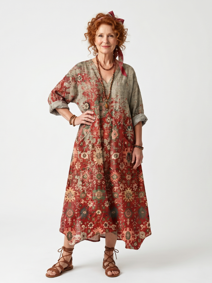SAFFRON | MIXED PATTERN RELAXED POCKET MIDI DRESS