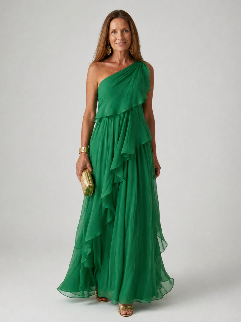 Tracey one-shoulder ruffle maxi dress front view